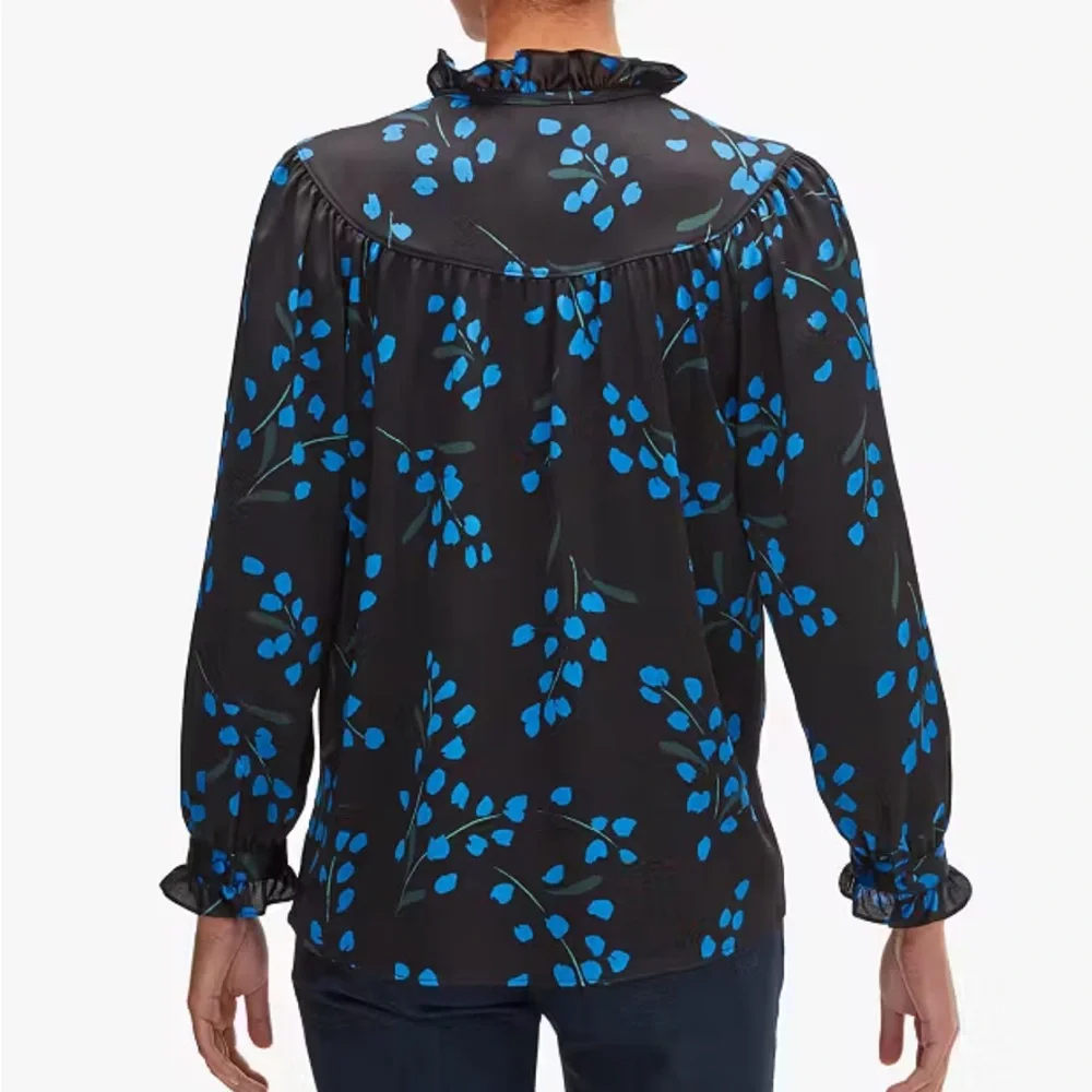NEW Kate Spade Seabreeze Floral Ruffle Blouse Top Long Sleeve Black Blue - Picture 3 of 13